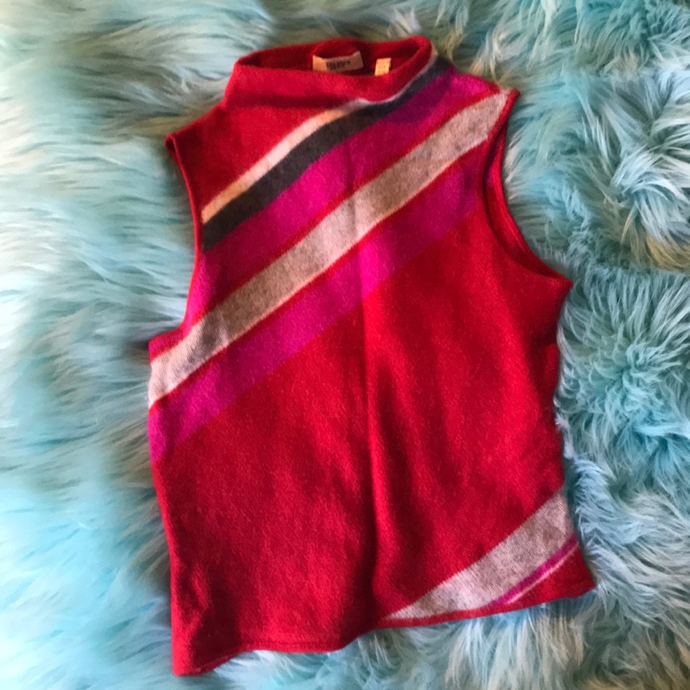 Tahari Bright red pink gray and white sweater XS